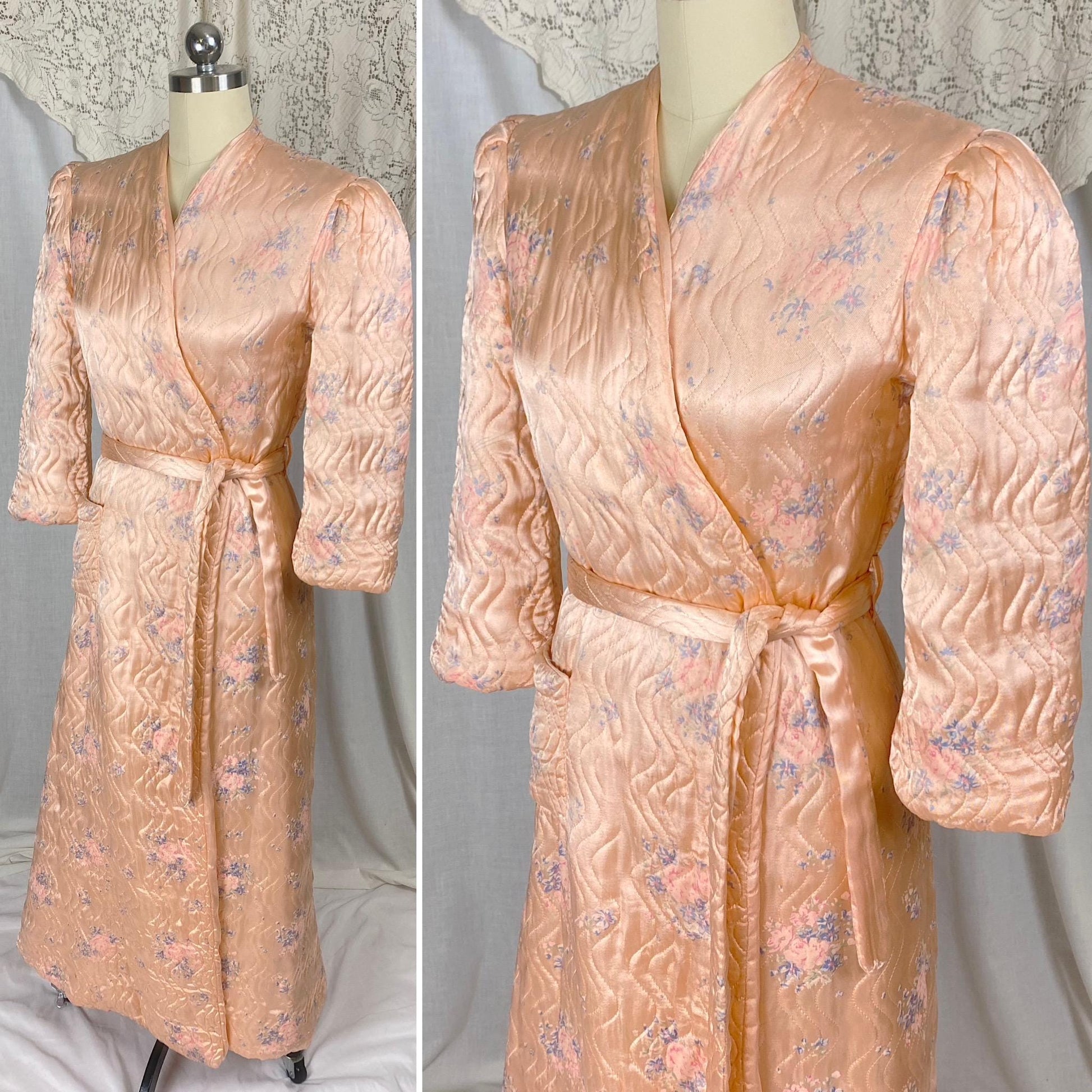 Vintage 1940's Robe | Quilted Floral Print Peachy Pink Rayon Satin with Darted Shoulders & Bell Sleeves | Size XS, S