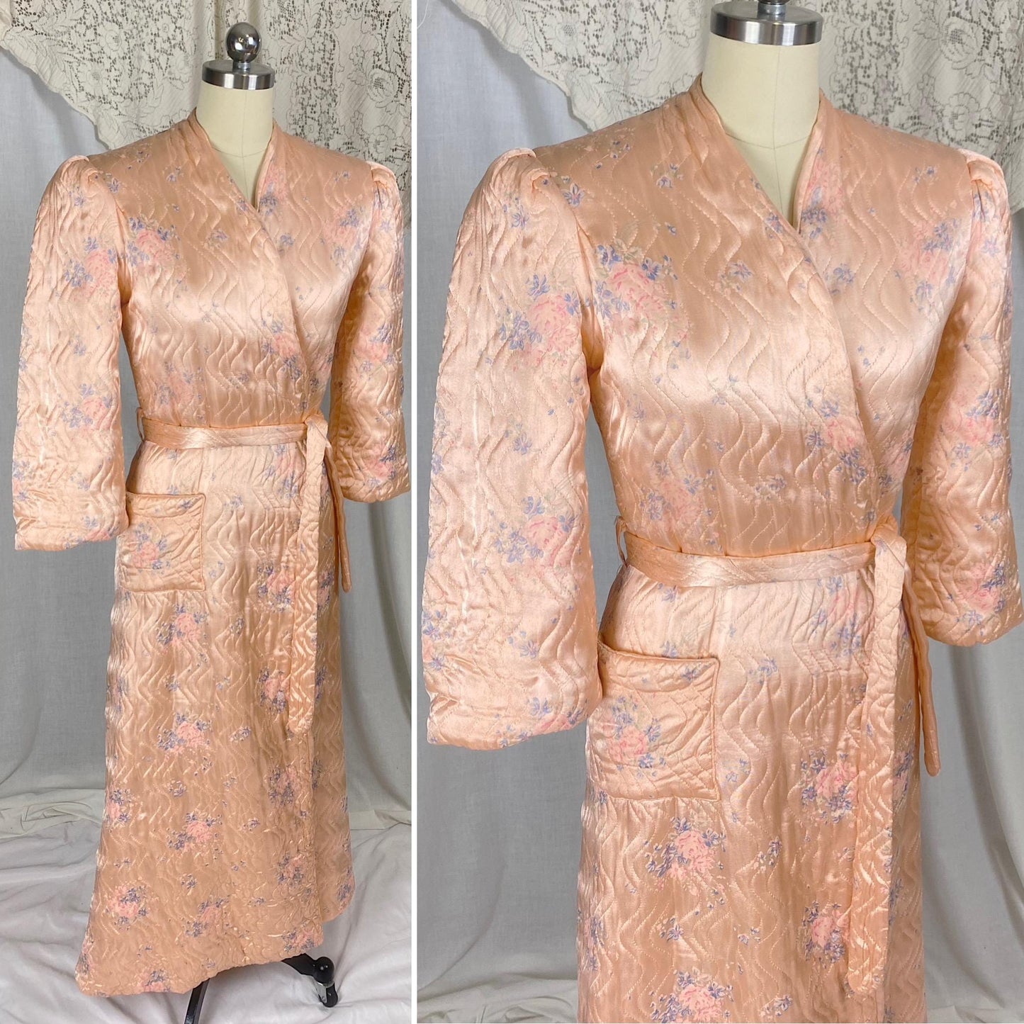 Vintage 1940's Robe | Quilted Floral Print Peachy Pink Rayon Satin with Darted Shoulders & Bell Sleeves | Size XS, S