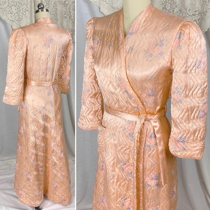 Vintage 1940's Robe | Quilted Floral Print Peachy Pink Rayon Satin with Darted Shoulders & Bell Sleeves | Size XS, S