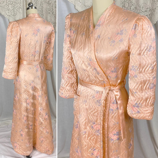 Vintage 1940's Robe | Quilted Floral Print Peachy Pink Rayon Satin with Darted Shoulders & Bell Sleeves | Size XS, S
