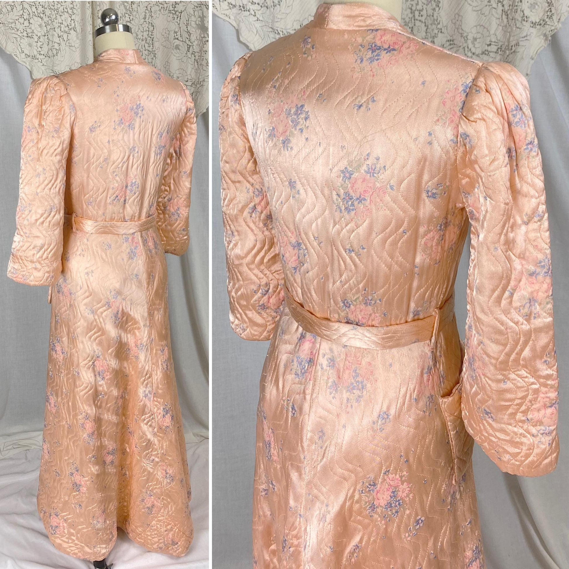Vintage 1940's Robe | Quilted Floral Print Peachy Pink Rayon Satin with Darted Shoulders & Bell Sleeves | Size XS, S