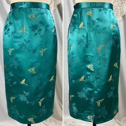 Vintage 1960's Skirt Suit | Teal Silk with Gold Butterfly Damask Pattern | Size XS, S | Mohan's Hong Kong
