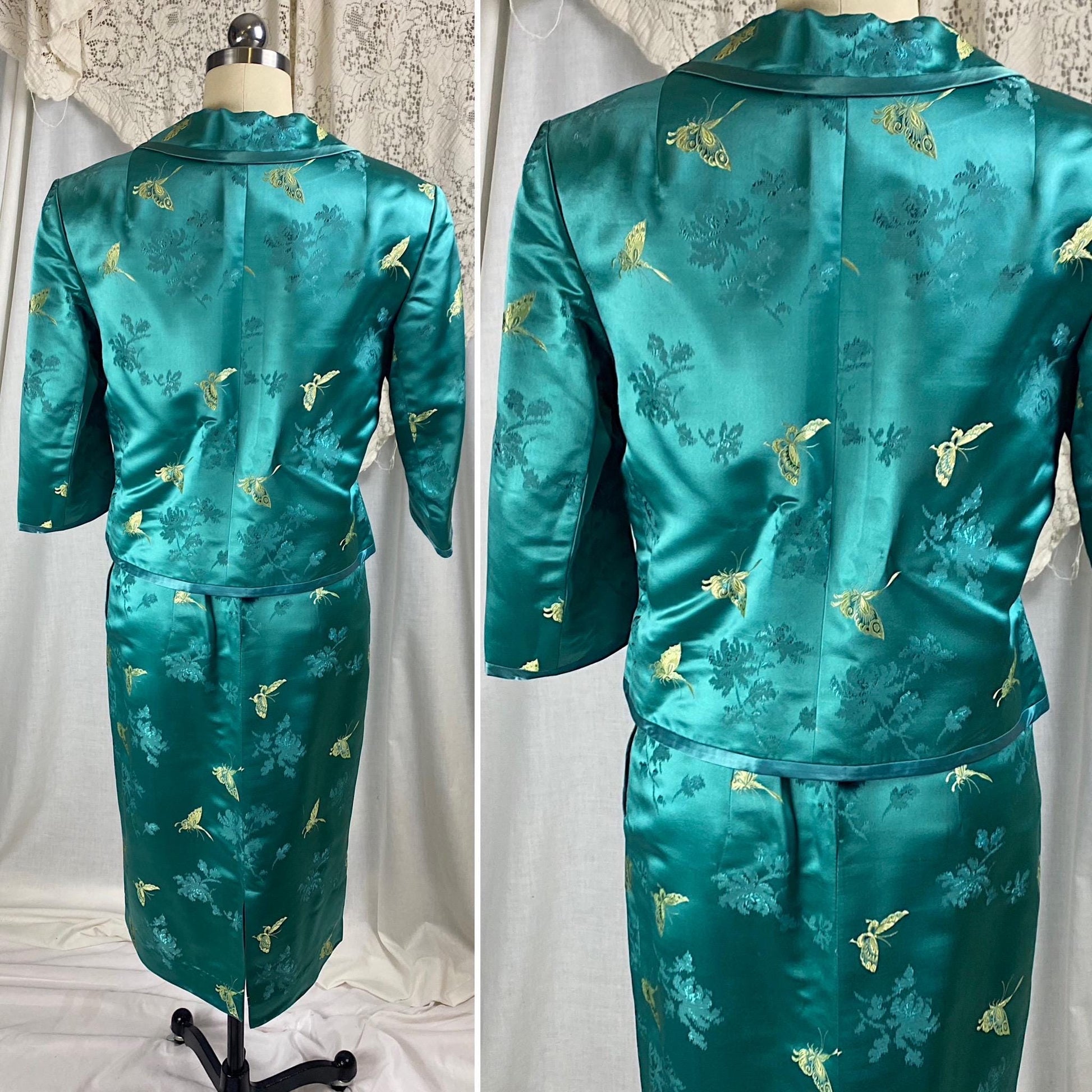 Vintage 1960's Skirt Suit | Teal Silk with Gold Butterfly Damask Pattern | Size XS, S | Mohan's Hong Kong