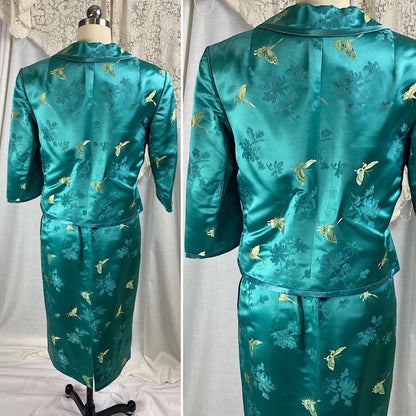 Vintage 1960's Skirt Suit | Teal Silk with Gold Butterfly Damask Pattern | Size XS, S | Mohan's Hong Kong