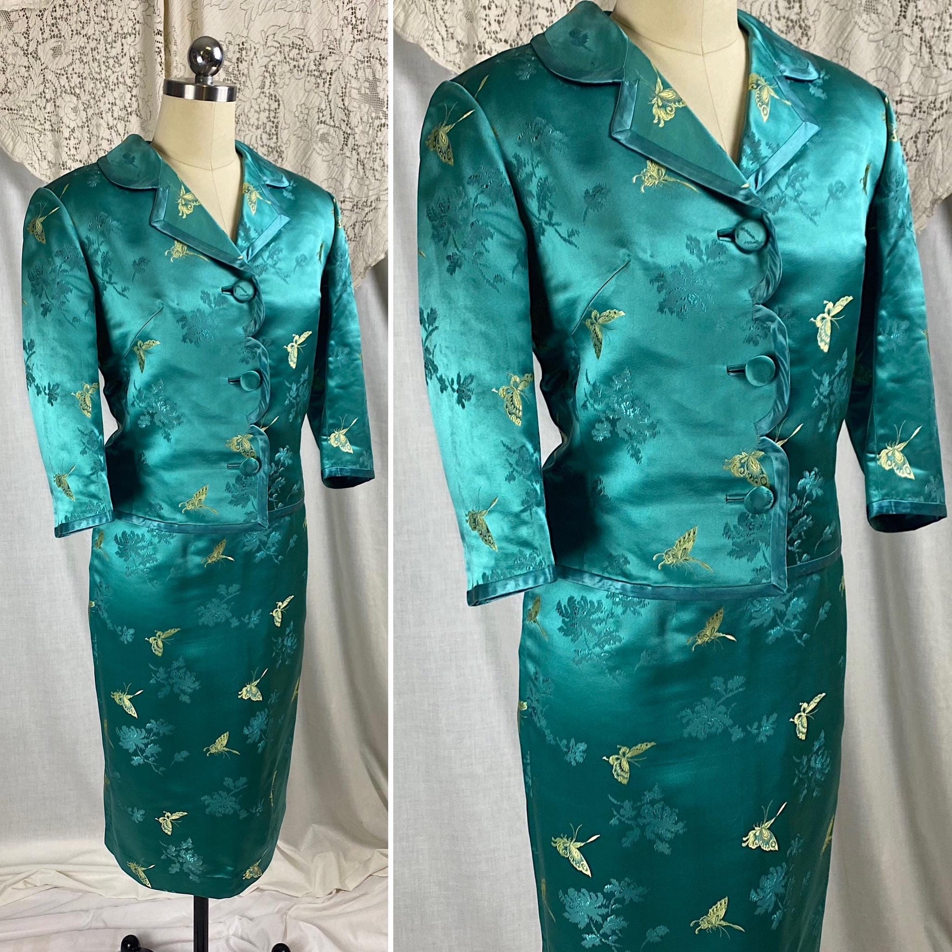 Vintage 1960's Skirt Suit | Teal Silk with Gold Butterfly Damask Pattern | Size XS, S | Mohan's Hong Kong