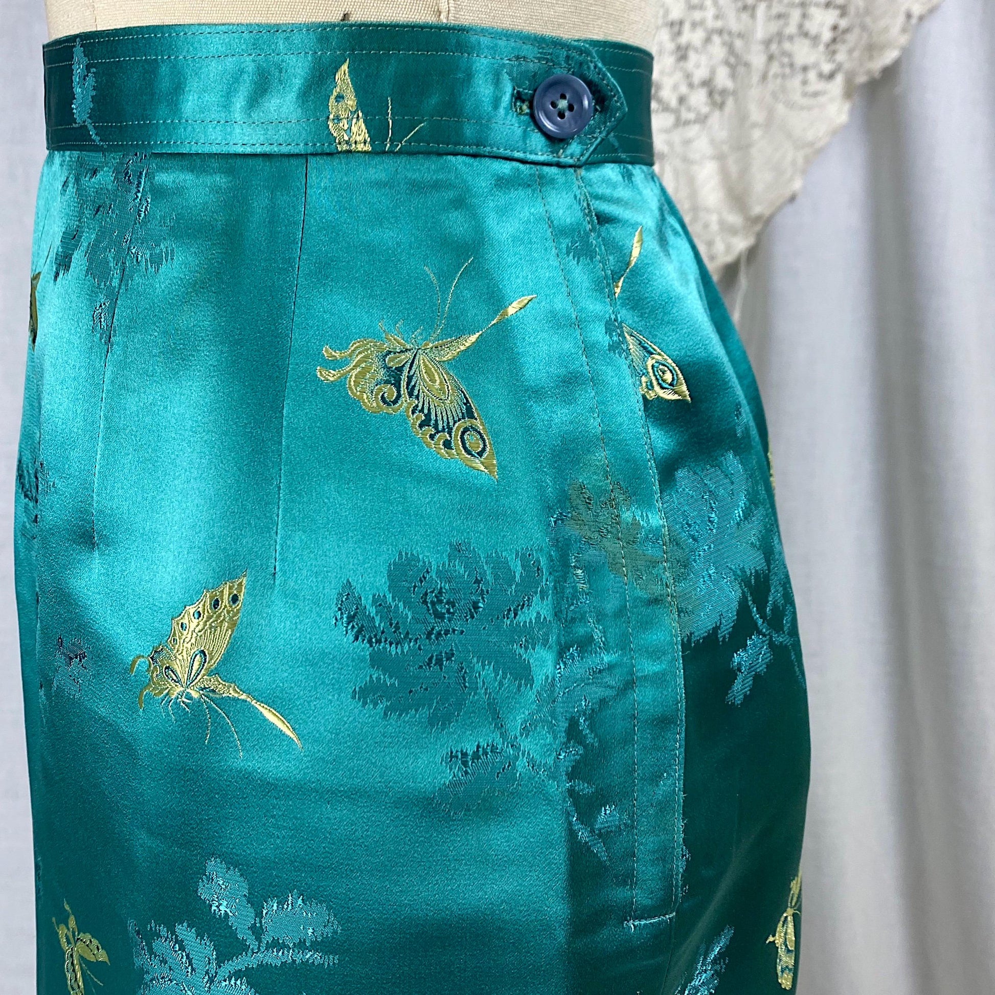 Vintage 1960's Skirt Suit | Teal Silk with Gold Butterfly Damask Pattern | Size XS, S | Mohan's Hong Kong