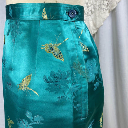 Vintage 1960's Skirt Suit | Teal Silk with Gold Butterfly Damask Pattern | Size XS, S | Mohan's Hong Kong