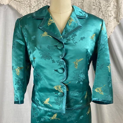 Vintage 1960's Skirt Suit | Teal Silk with Gold Butterfly Damask Pattern | Size XS, S | Mohan's Hong Kong