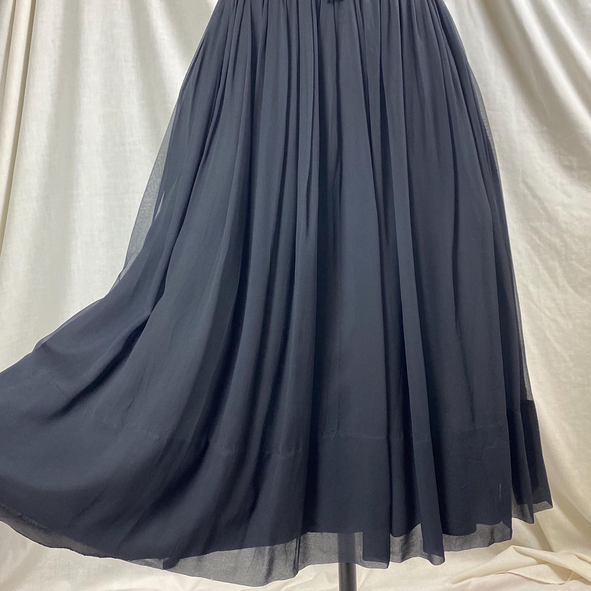 Vintage 1950's Dress | Black Silk Chiffon with Ruched Waist & Wide Circle Skirt | Size M