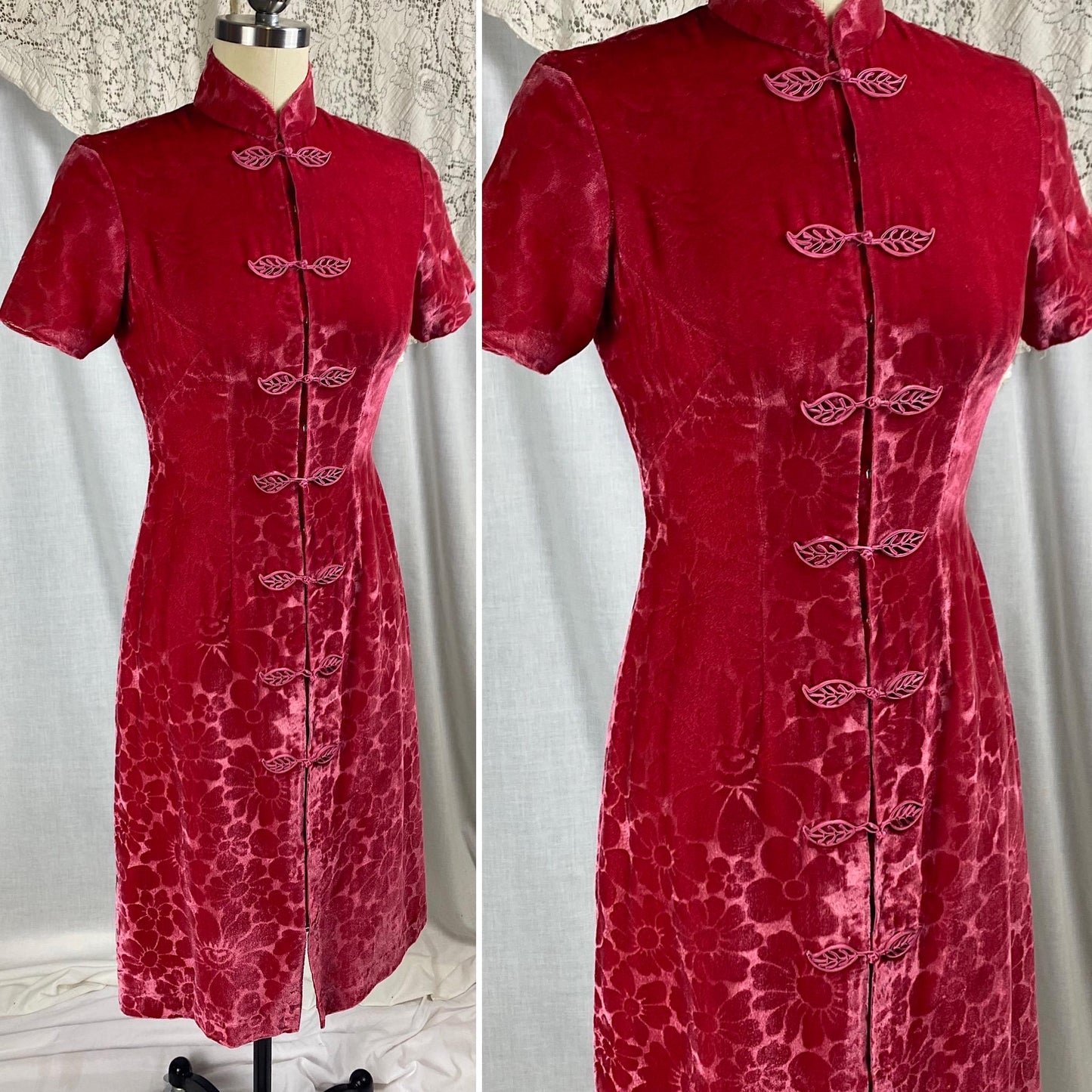 Vintage 1960's Wiggle Dress | Bold Magenta Floral Devore Velvet with Frog Buttons | Size XS