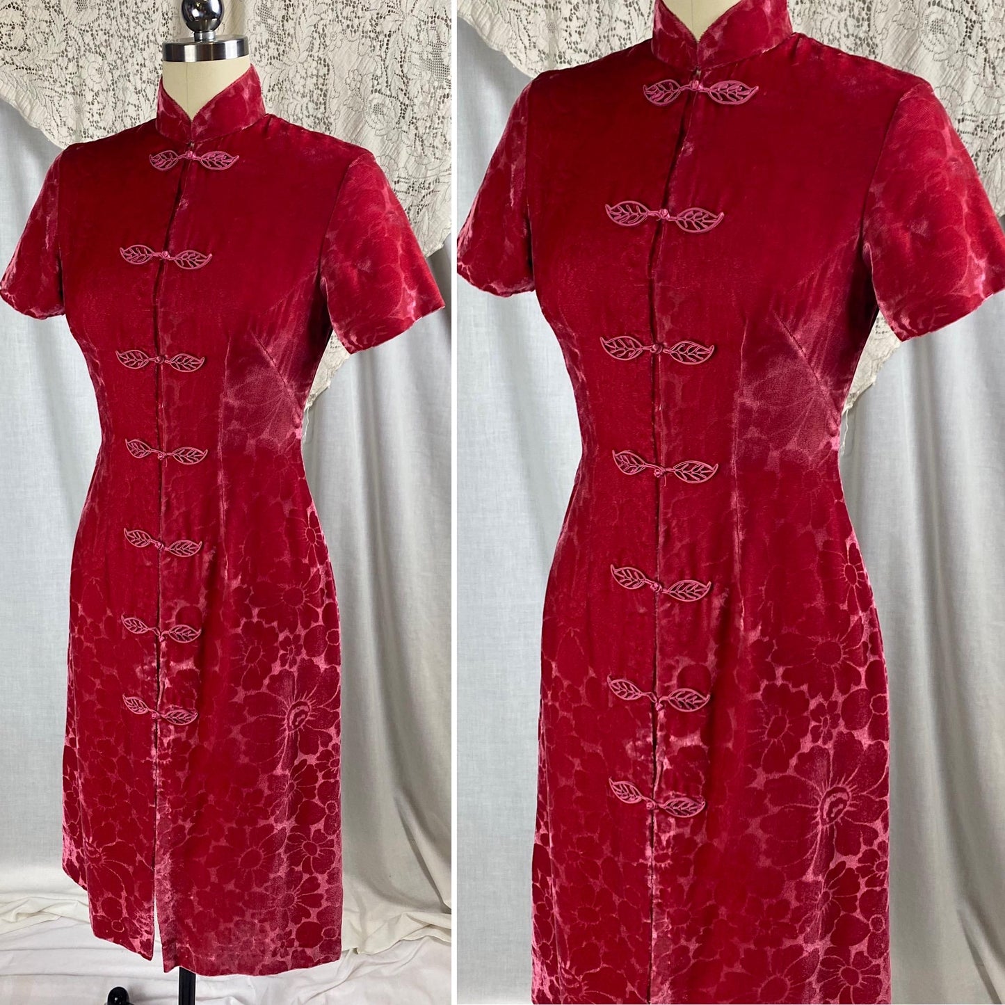 Vintage 1960's Wiggle Dress | Bold Magenta Floral Devore Velvet with Frog Buttons | Size XS