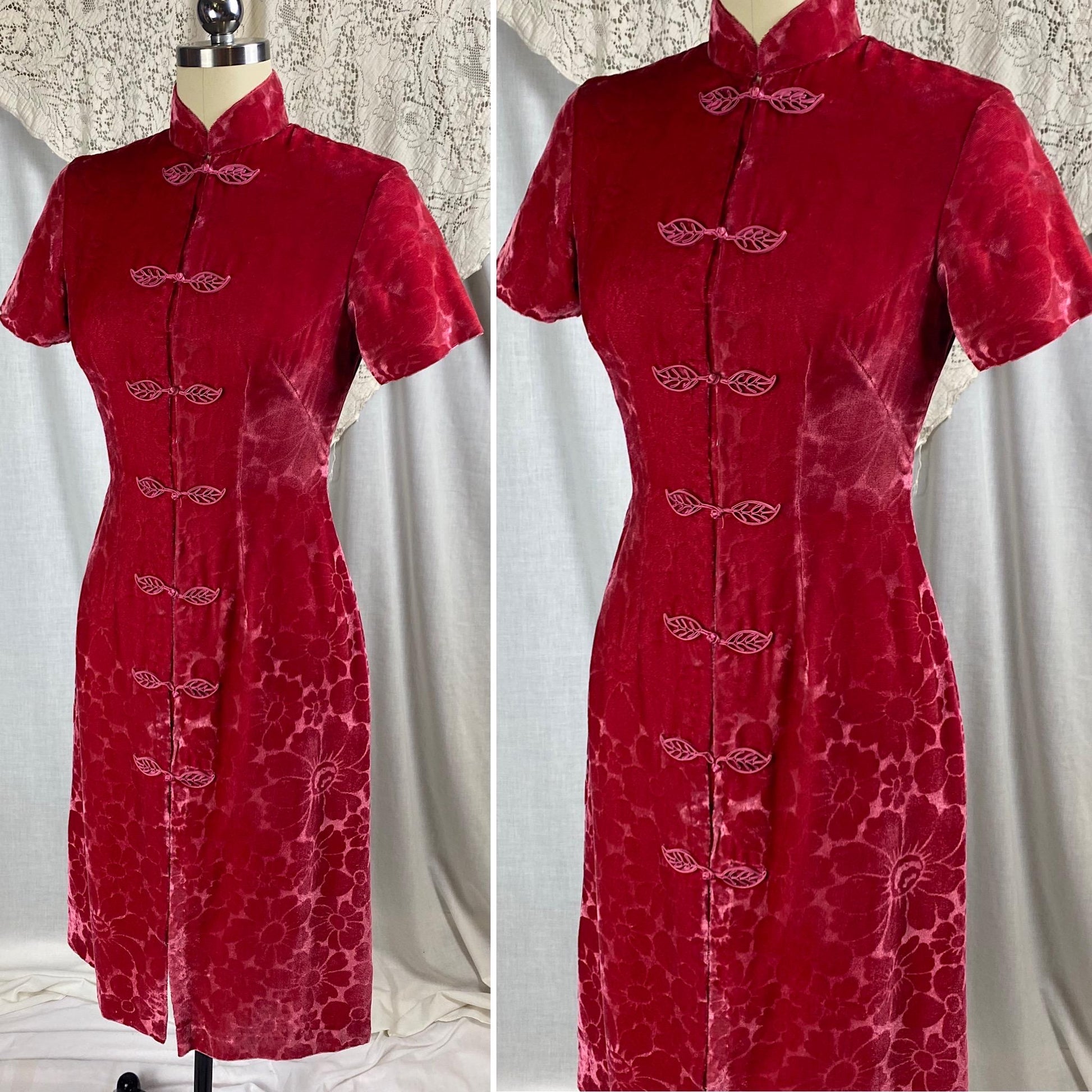 Vintage 1960's Wiggle Dress | Bold Magenta Floral Devore Velvet with Frog Buttons | Size XS