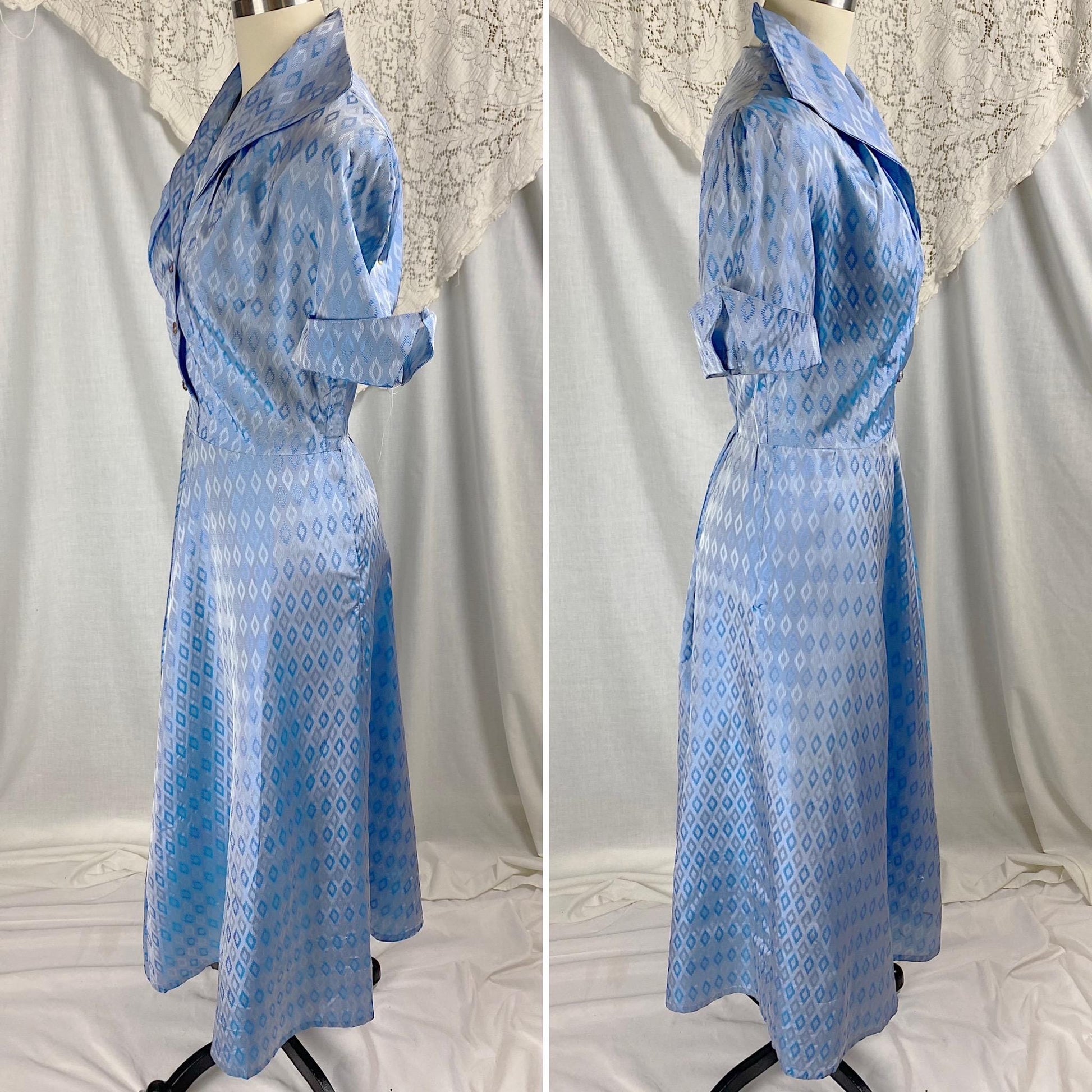 Vintage 1940's - 1950's Dress | Pale Blue Rayon Taffeta with Diamond Satin Damask Pattern & Glass Buttons | Size M, LG