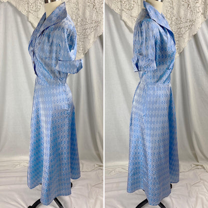 Vintage 1940's - 1950's Dress | Pale Blue Rayon Taffeta with Diamond Satin Damask Pattern & Glass Buttons | Size M, LG