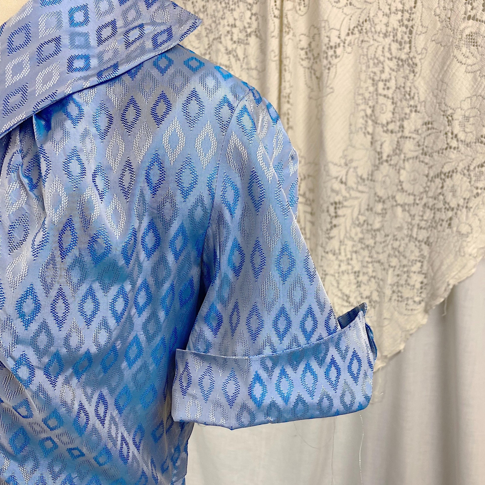 Vintage 1940's - 1950's Dress | Pale Blue Rayon Taffeta with Diamond Satin Damask Pattern & Glass Buttons | Size M, LG