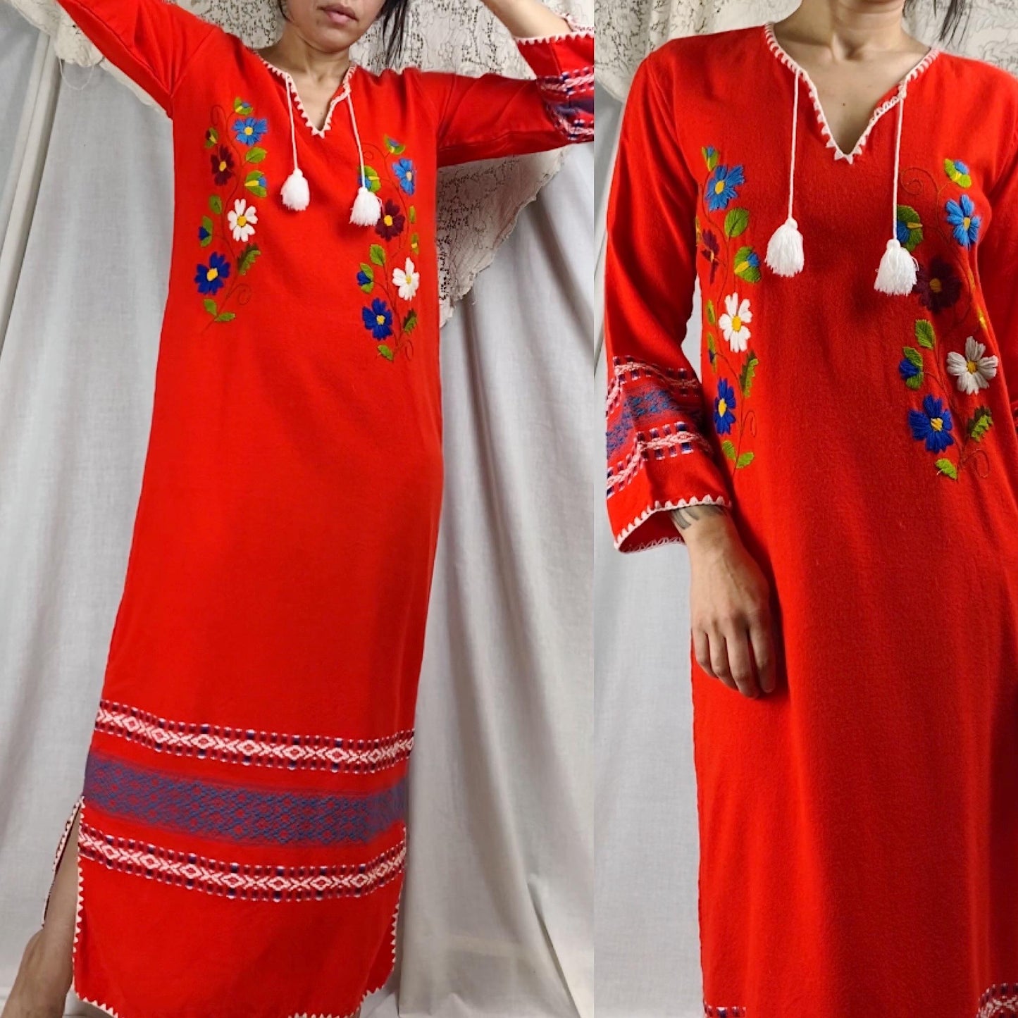 Vintage 1960's - 1970's Kaftan Maxi Dress | Bright Red Acrylic Wool with Floral Embroidery | Size S, M