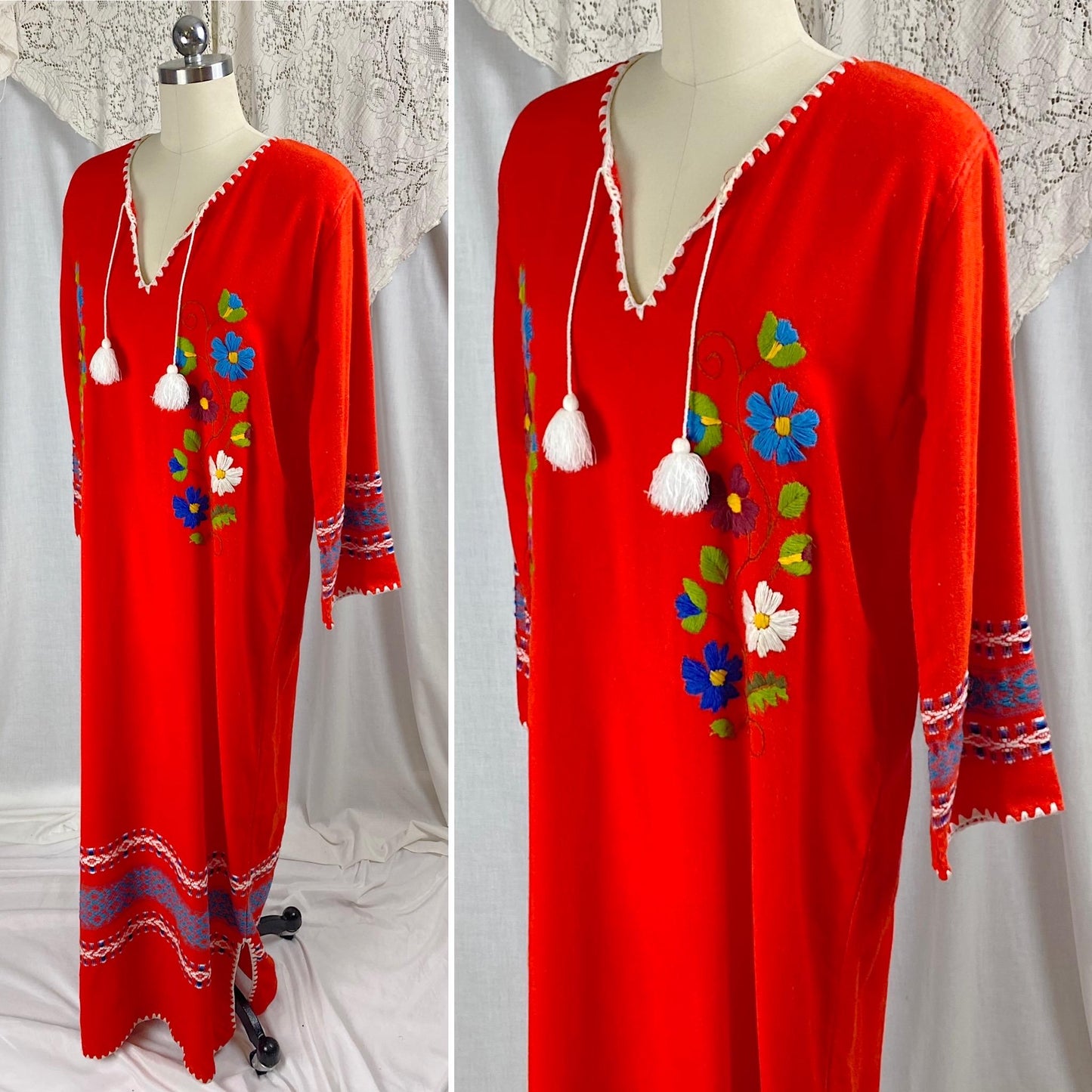 Vintage 1960's - 1970's Kaftan Maxi Dress | Bright Red Acrylic Wool with Floral Embroidery | Size S, M