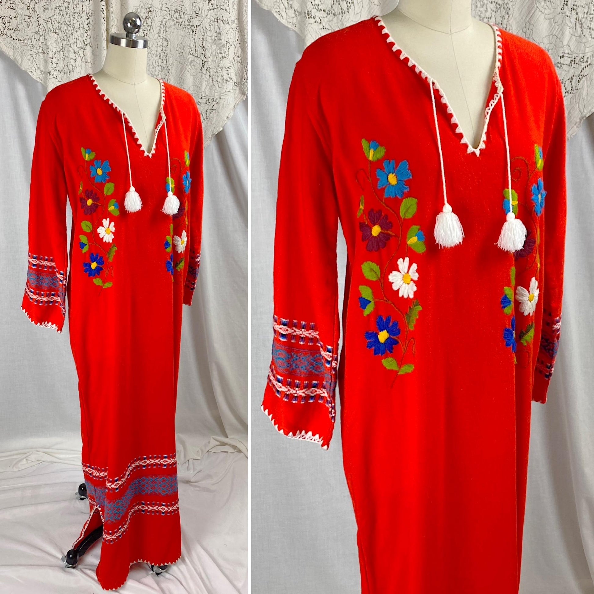 Vintage 1960's - 1970's Kaftan Maxi Dress | Bright Red Acrylic Wool with Floral Embroidery | Size S, M