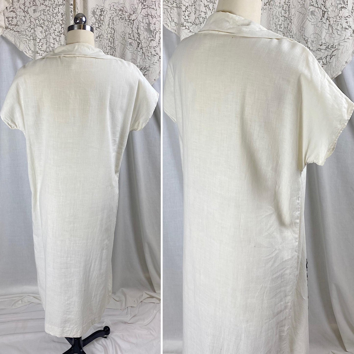 Vintage 1970's Kaftan Dress | Natural Cotton with Black & White Embroidery | Size S, M, LG
