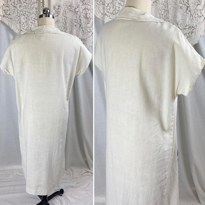 Vintage 1970's Kaftan Dress | Natural Cotton with Black & White Embroidery | Size S, M, LG