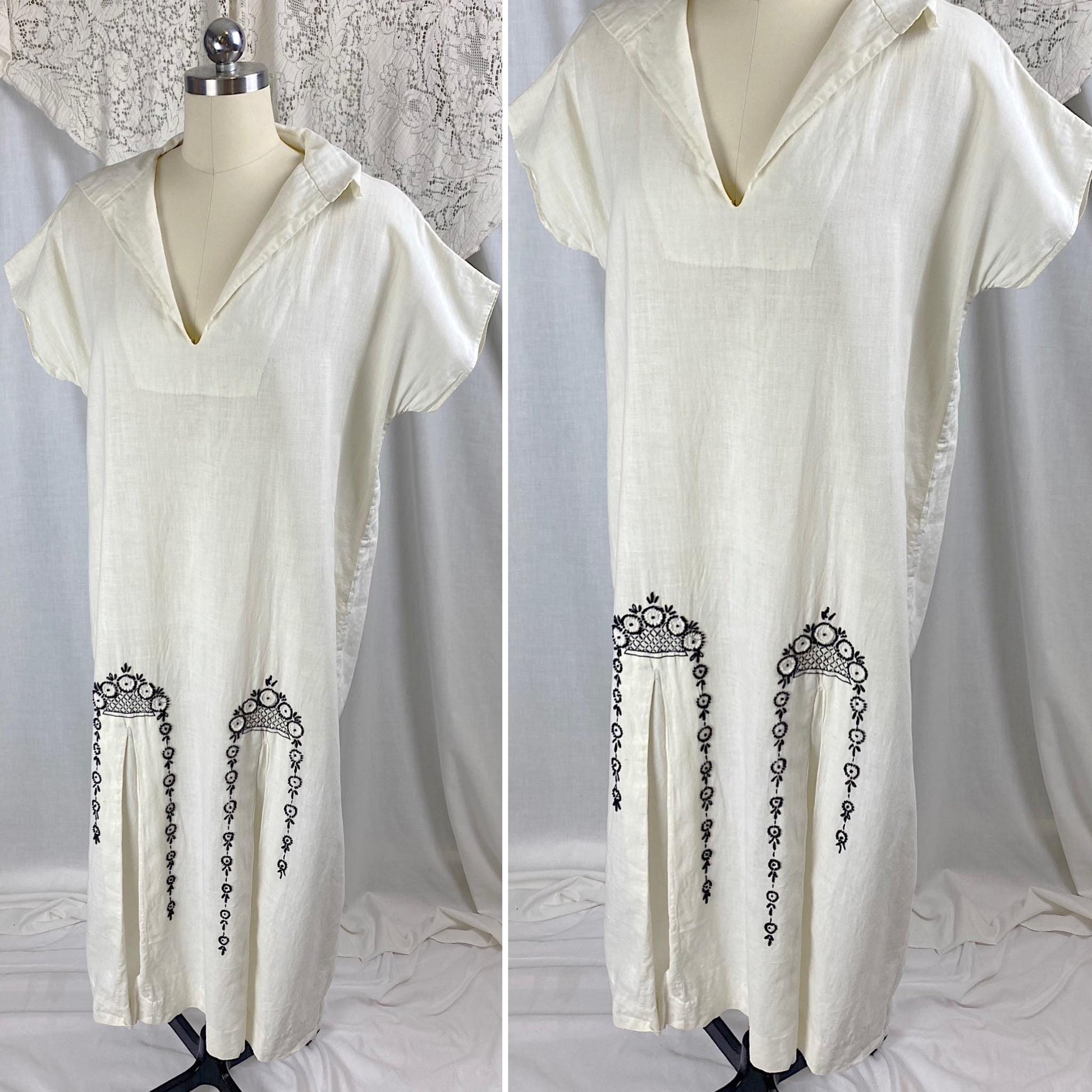 Vintage 1970's Kaftan Dress | Natural Cotton with Black & White Embroidery | Size S, M, LG