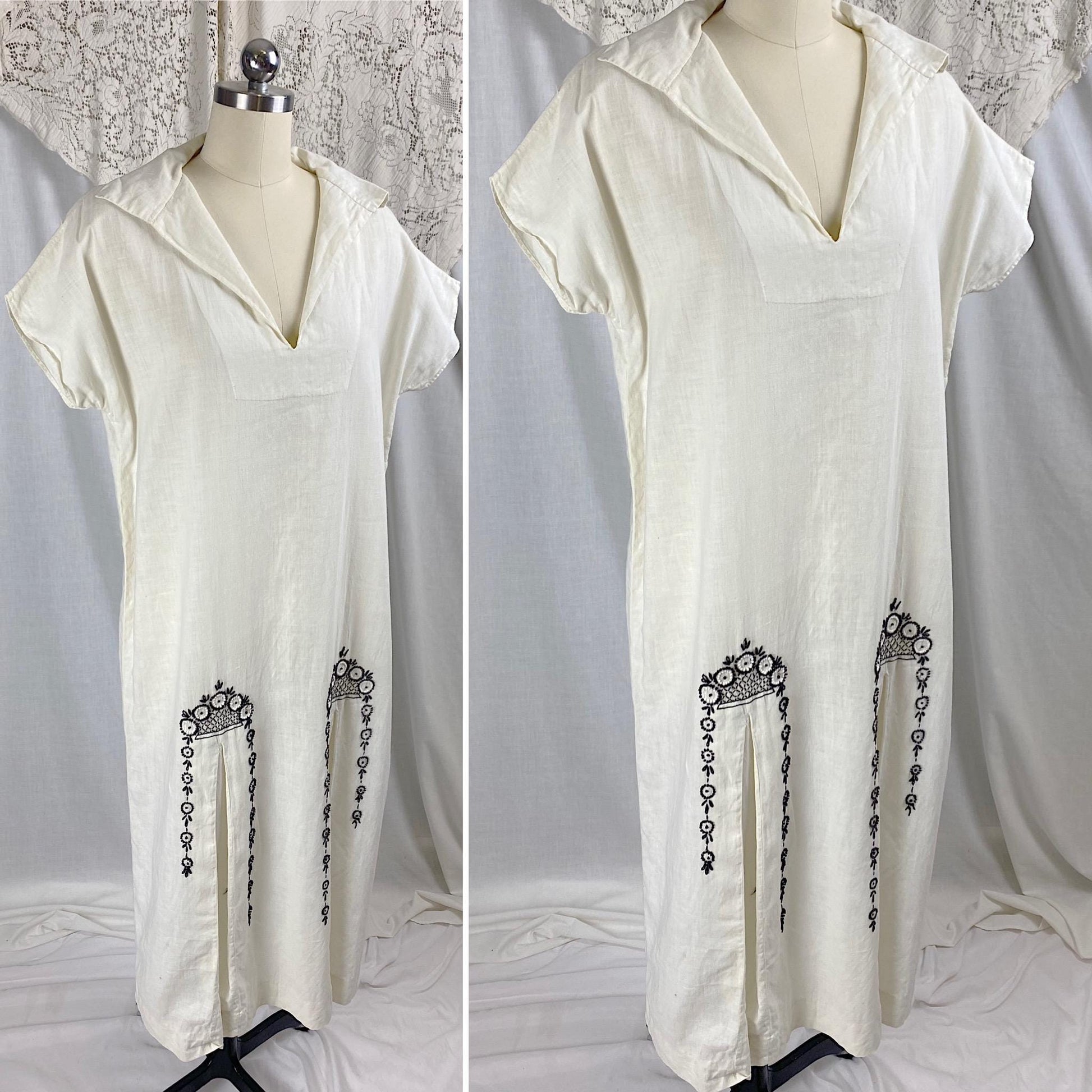 Vintage 1970's Kaftan Dress | Natural Cotton with Black & White Embroidery | Size S, M, LG