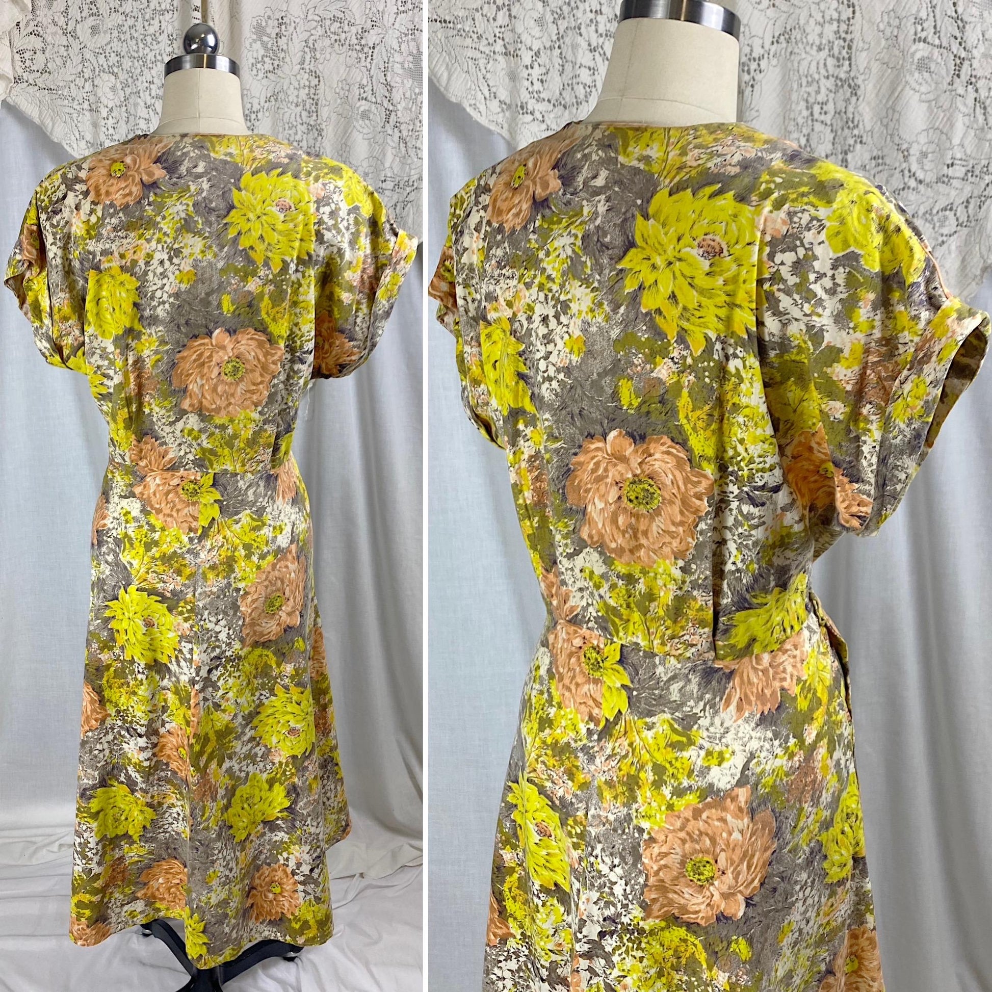 Vintage 1940's - 1950's Day Dress | Warm Yellow, Peach, & Taupe Floral Printed Cotton | Size LG, XLG | Brentwood Cottons