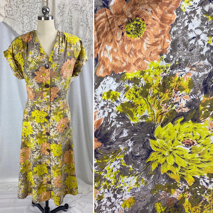 Vintage 1940's - 1950's Day Dress | Warm Yellow, Peach, & Taupe Floral Printed Cotton | Size LG, XLG | Brentwood Cottons