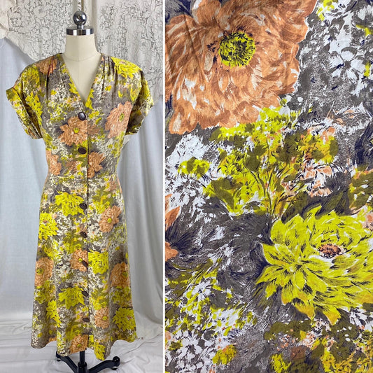 Vintage 1940's - 1950's Day Dress | Warm Yellow, Peach, & Taupe Floral Printed Cotton | Size LG, XLG | Brentwood Cottons