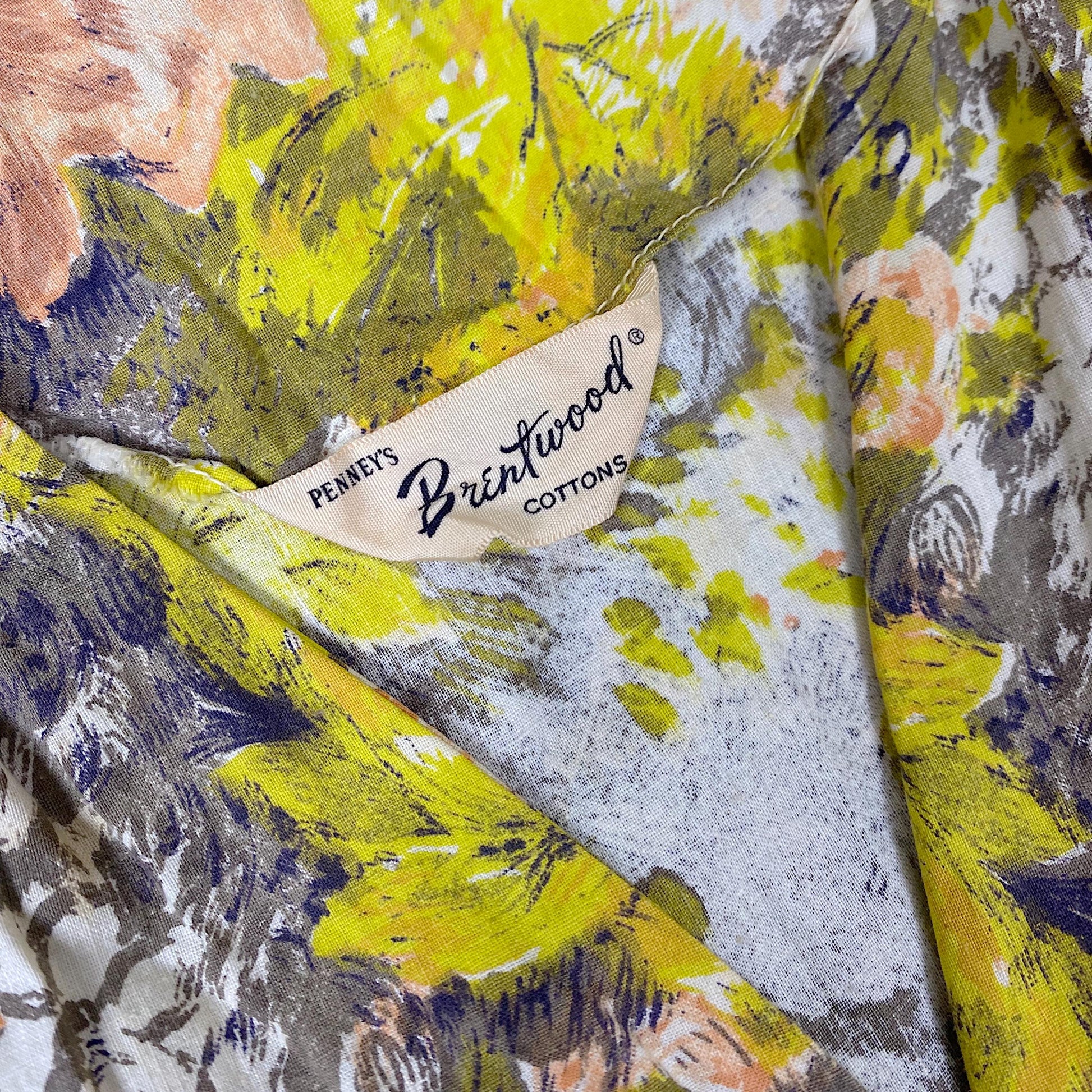 Vintage 1940's - 1950's Day Dress | Warm Yellow, Peach, & Taupe Floral Printed Cotton | Size LG, XLG | Brentwood Cottons