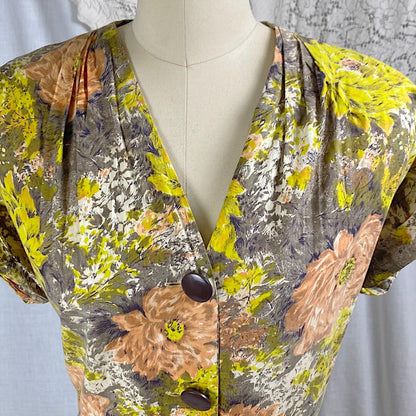 Vintage 1940's - 1950's Day Dress | Warm Yellow, Peach, & Taupe Floral Printed Cotton | Size LG, XLG | Brentwood Cottons