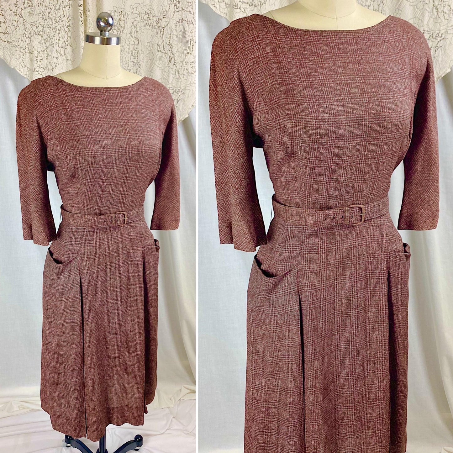 Vintage 1950's Dress | Brick Red Rayon Crepe with Check Pattern | Size M | L'Aiglon