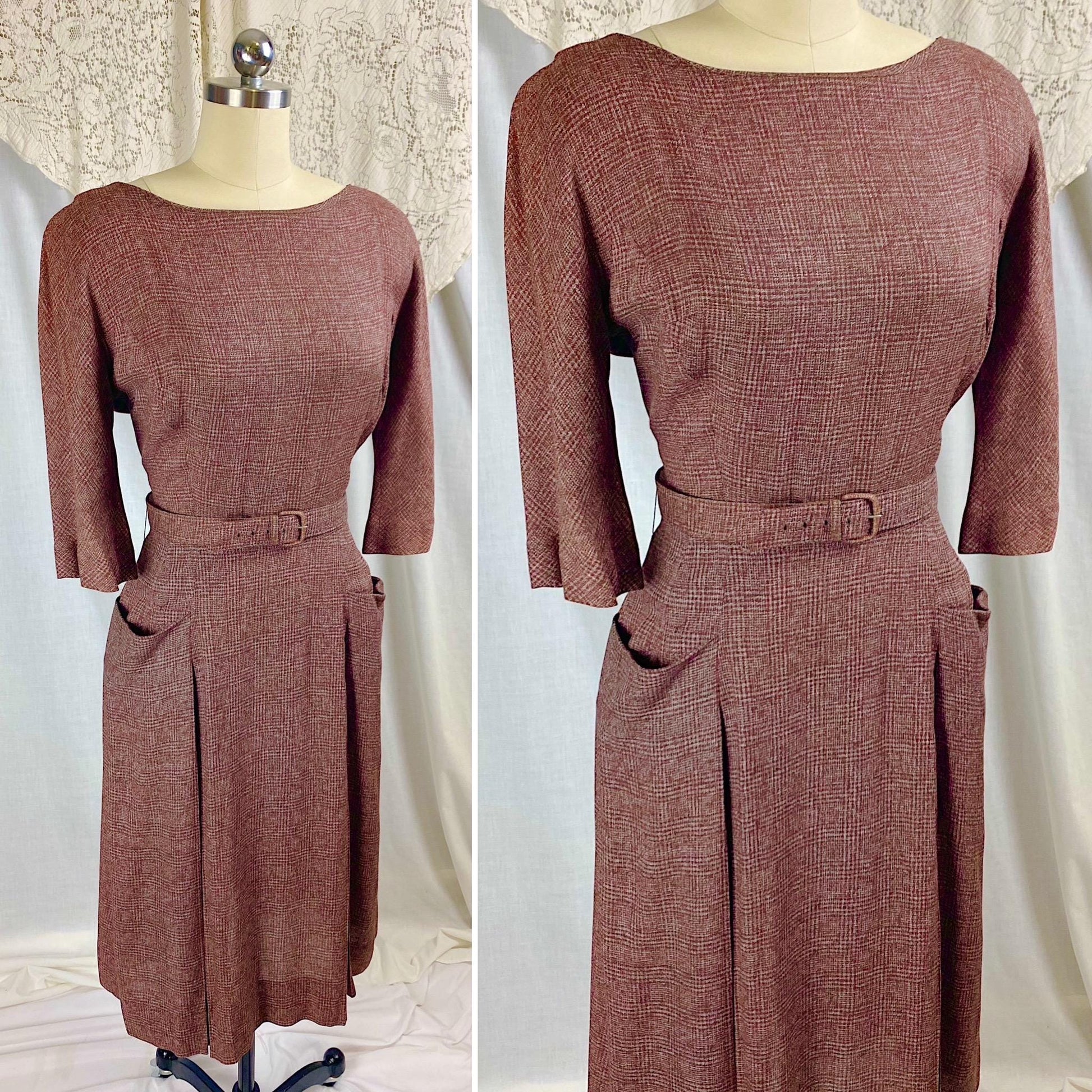 Vintage 1950's Dress | Brick Red Rayon Crepe with Check Pattern | Size M | L'Aiglon