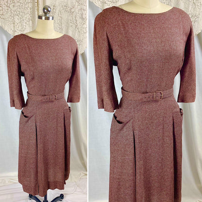Vintage 1950's Dress | Brick Red Rayon Crepe with Check Pattern | Size M | L'Aiglon