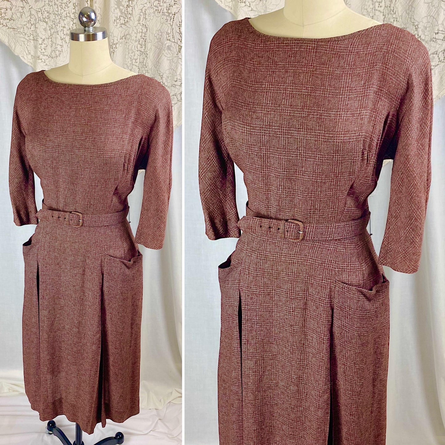 Vintage 1950's Dress | Brick Red Rayon Crepe with Check Pattern | Size M | L'Aiglon