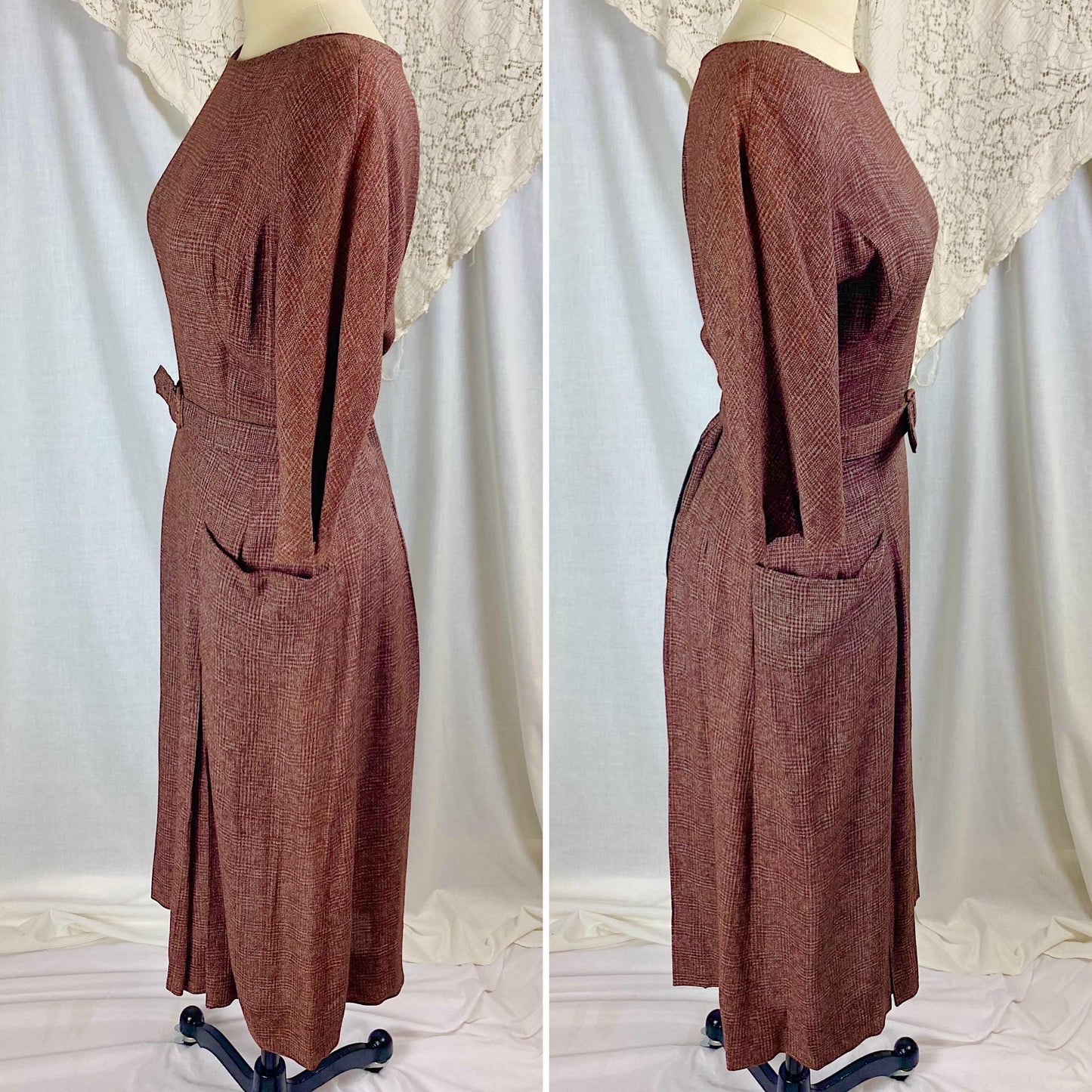 Vintage 1950's Dress | Brick Red Rayon Crepe with Check Pattern | Size M | L'Aiglon