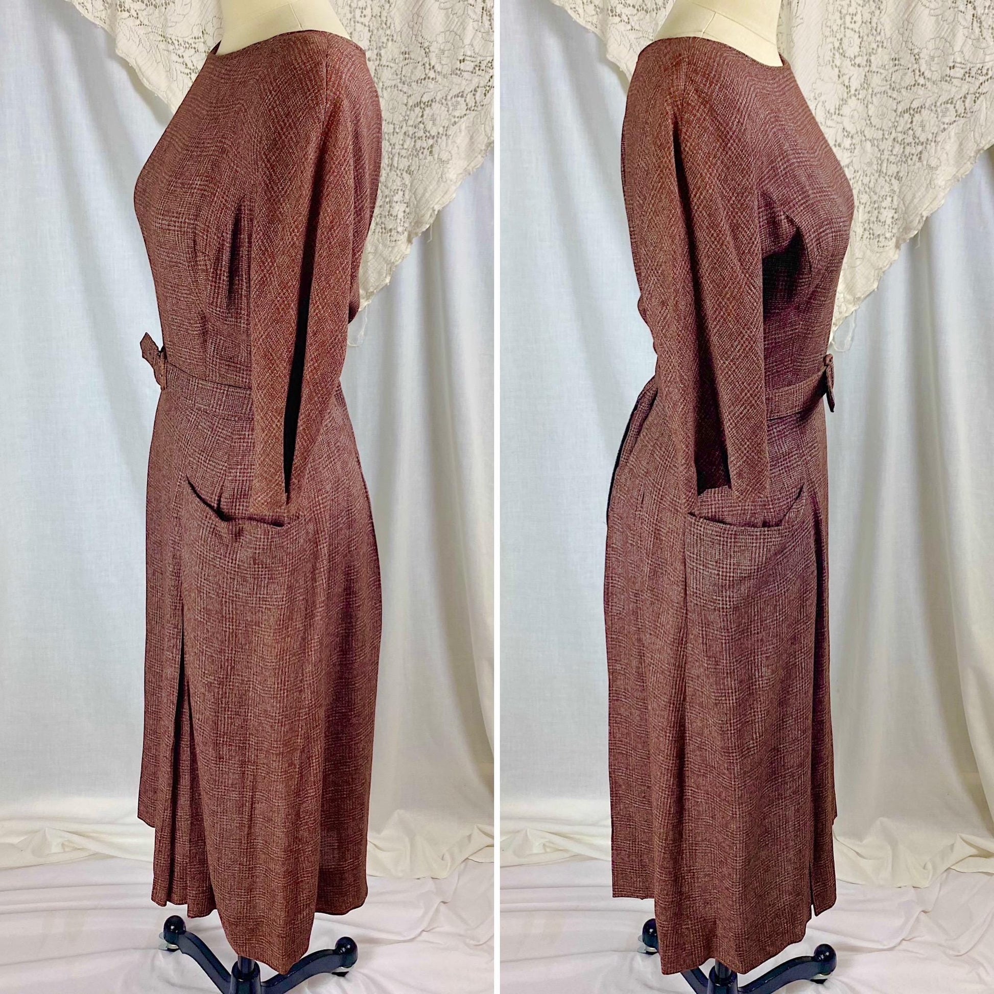 Vintage 1950's Dress | Brick Red Rayon Crepe with Check Pattern | Size M | L'Aiglon