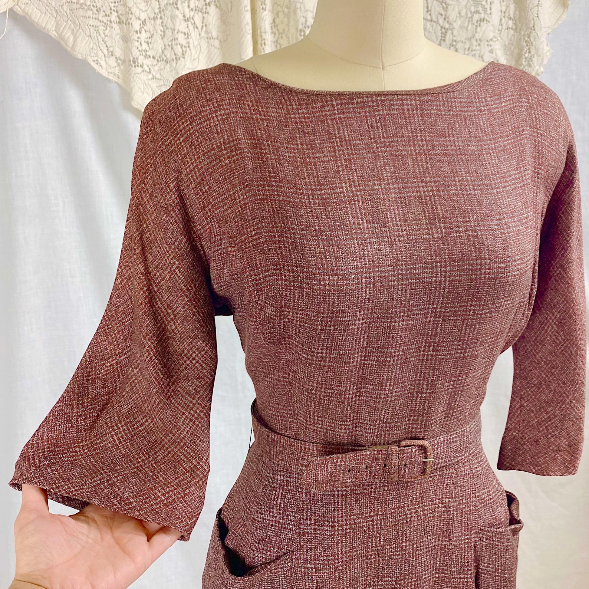 Vintage 1950's Dress | Brick Red Rayon Crepe with Check Pattern | Size M | L'Aiglon