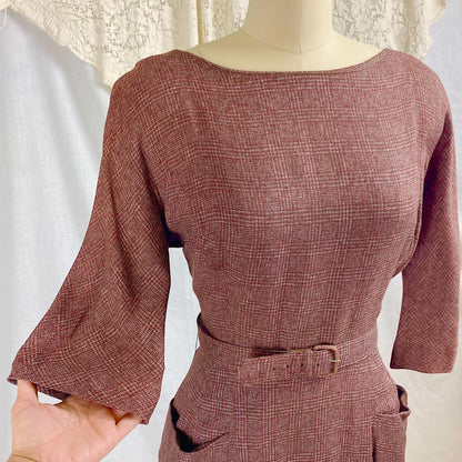 Vintage 1950's Dress | Brick Red Rayon Crepe with Check Pattern | Size M | L'Aiglon