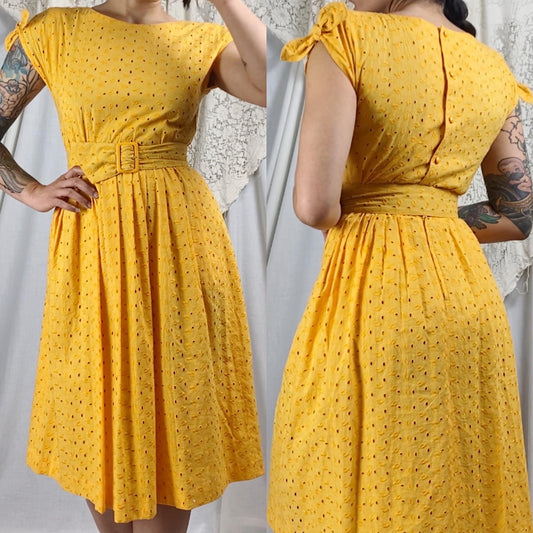 Vintage 1960's Dress | Dandelion Yellow Eyelet Cotton with Button Closure | Size S