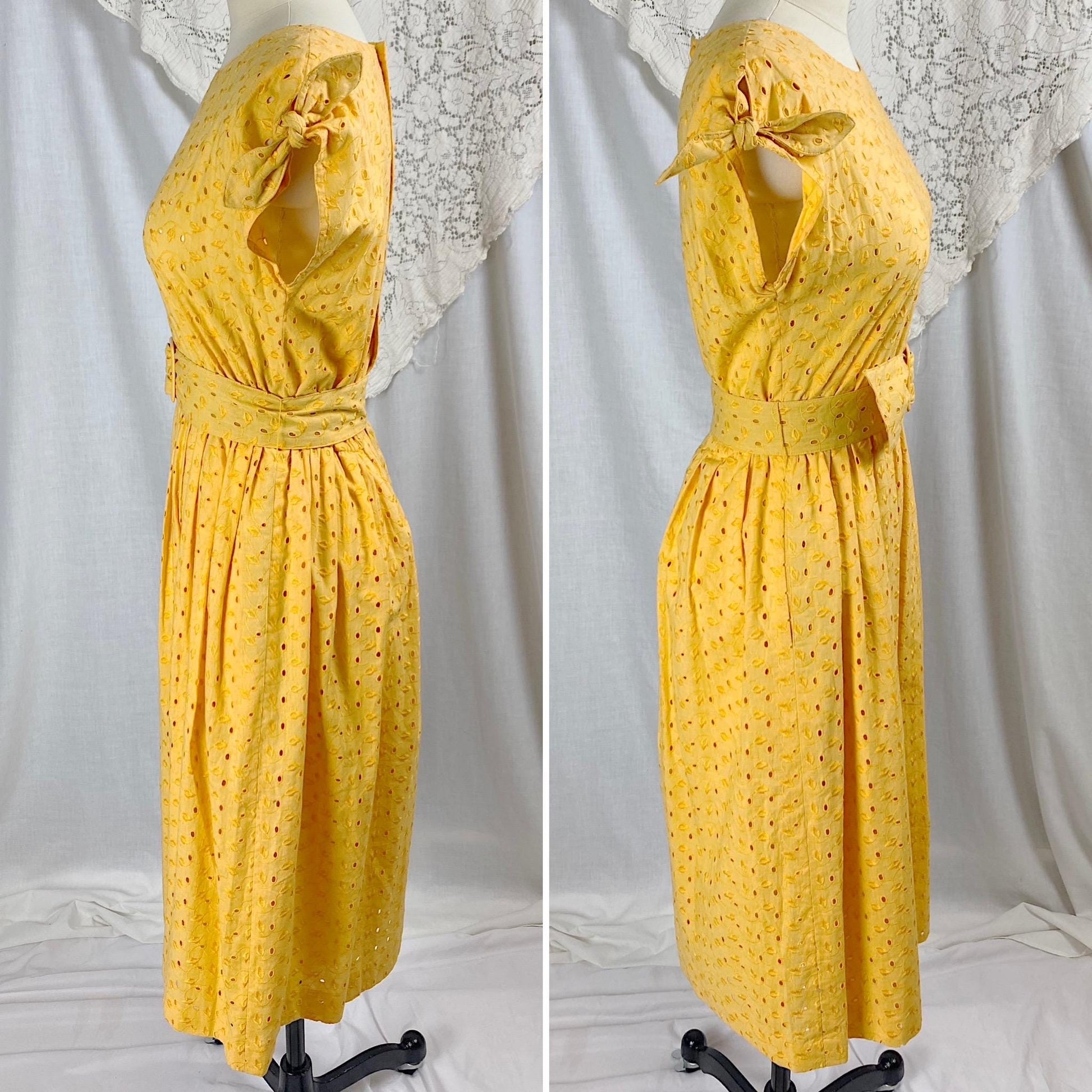 Vintage 1960's Dress | Dandelion Yellow Eyelet Cotton with Button Closure | Size S