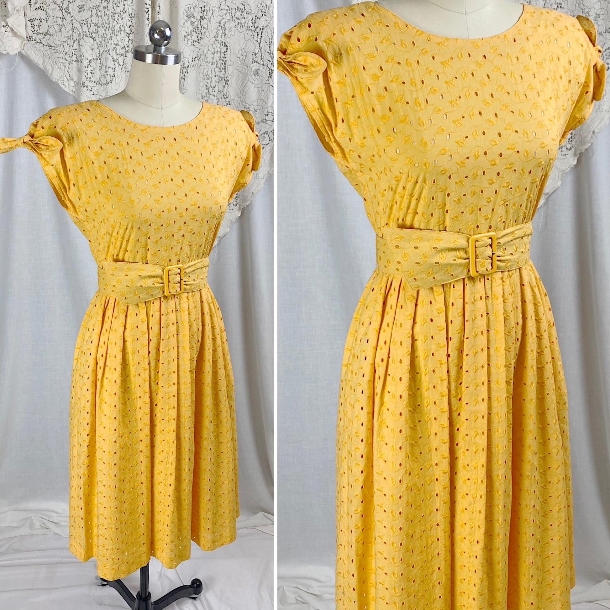 Vintage 1960's Dress | Dandelion Yellow Eyelet Cotton with Button Closure | Size S