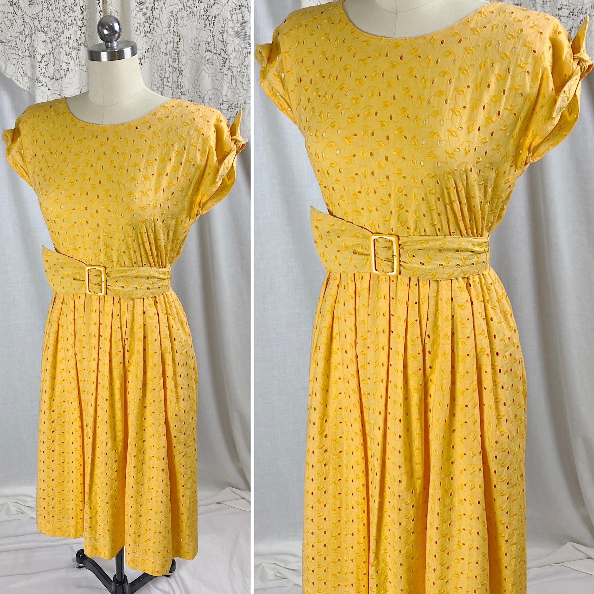 Vintage 1960's Dress | Dandelion Yellow Eyelet Cotton with Button Closure | Size S