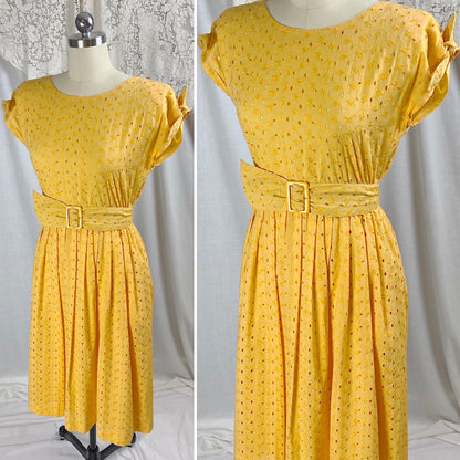 Vintage 1960's Dress | Dandelion Yellow Eyelet Cotton with Button Closure | Size S