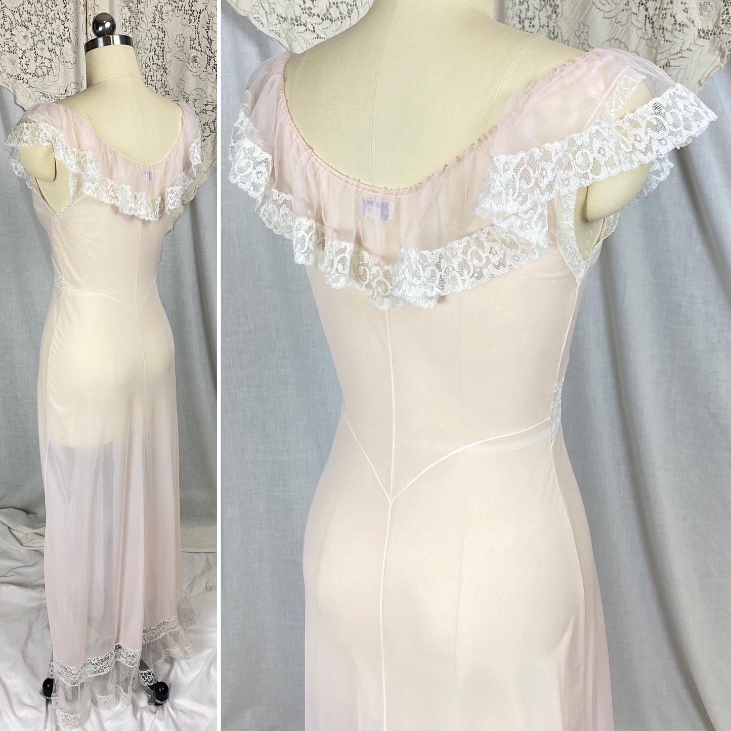Vintage 1950's Nightgown | Semi-Sheer Powder Pink Nylon with White Ruffled Tulle | Size XS, S | Lady Duff