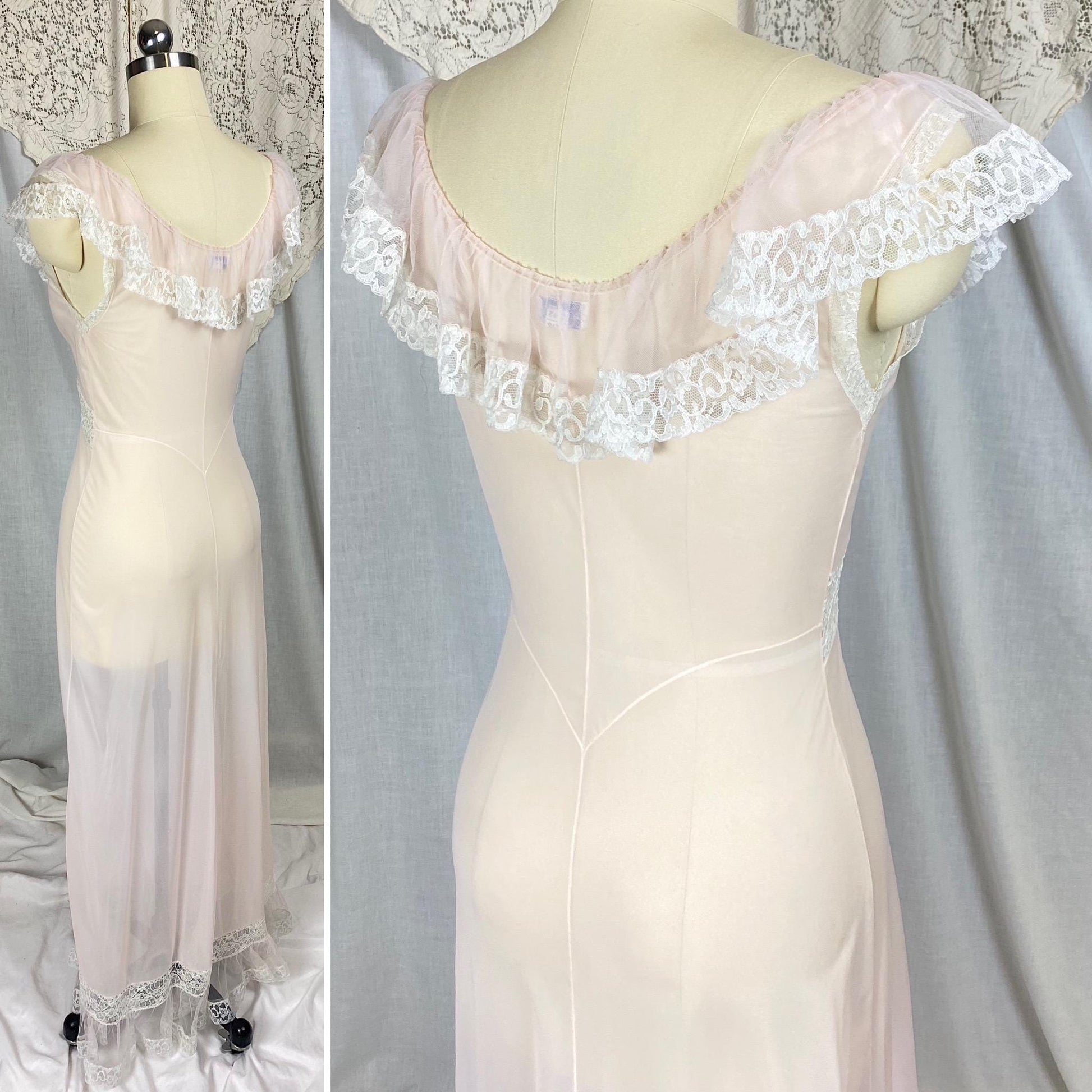 Vintage 1950's Nightgown | Semi-Sheer Powder Pink Nylon with White Ruffled Tulle | Size XS, S | Lady Duff