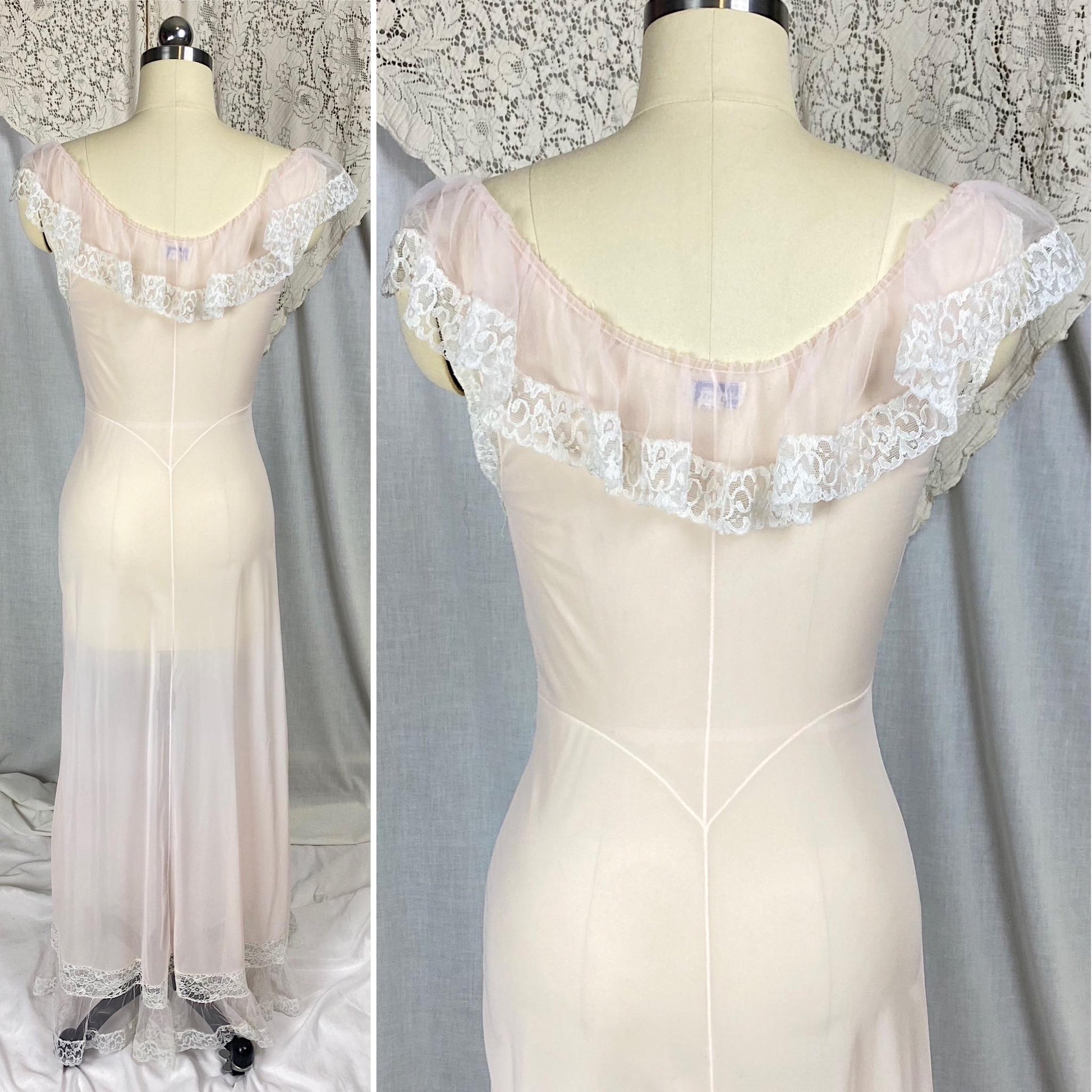 Vintage 1950's Nightgown | Semi-Sheer Powder Pink Nylon with White Ruffled Tulle | Size XS, S | Lady Duff