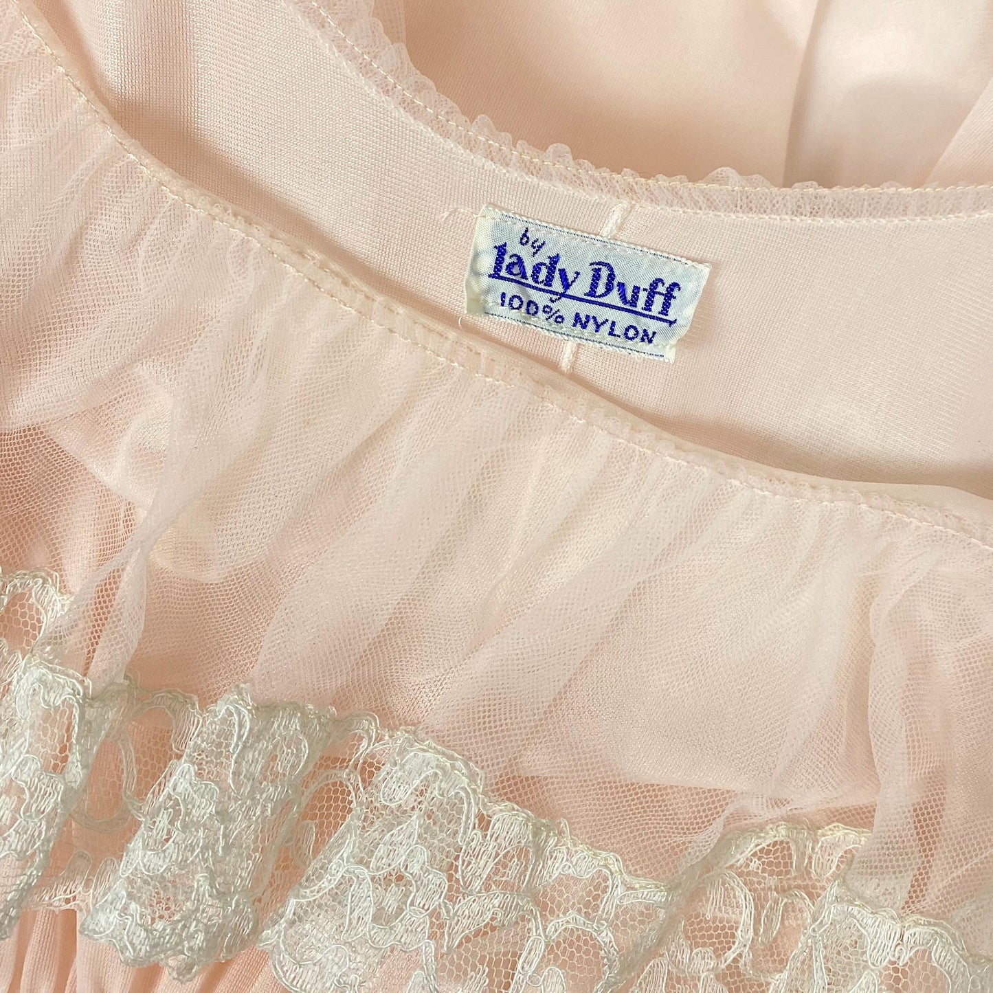 Vintage 1950's Nightgown | Semi-Sheer Powder Pink Nylon with White Ruffled Tulle | Size XS, S | Lady Duff