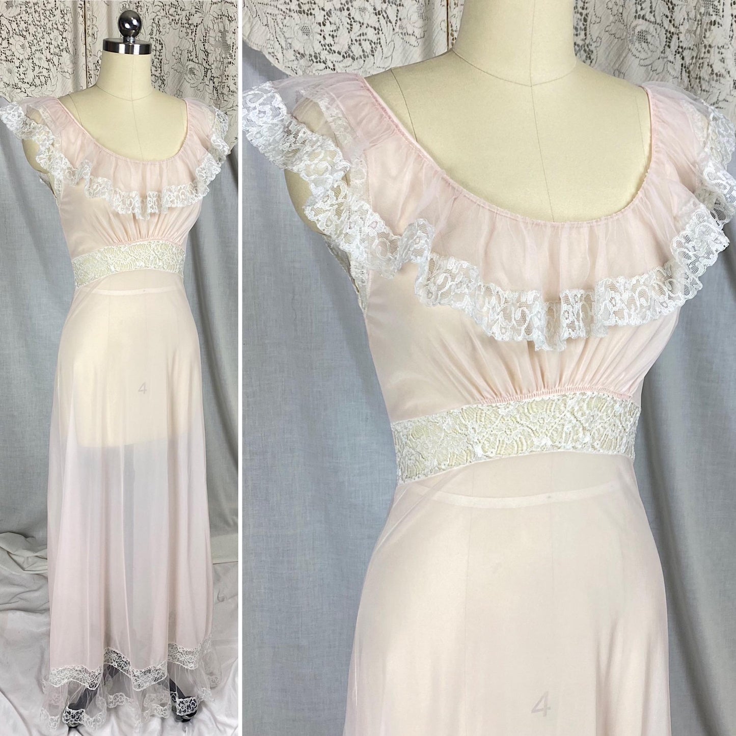 Vintage 1950's Nightgown | Semi-Sheer Powder Pink Nylon with White Ruffled Tulle | Size XS, S | Lady Duff