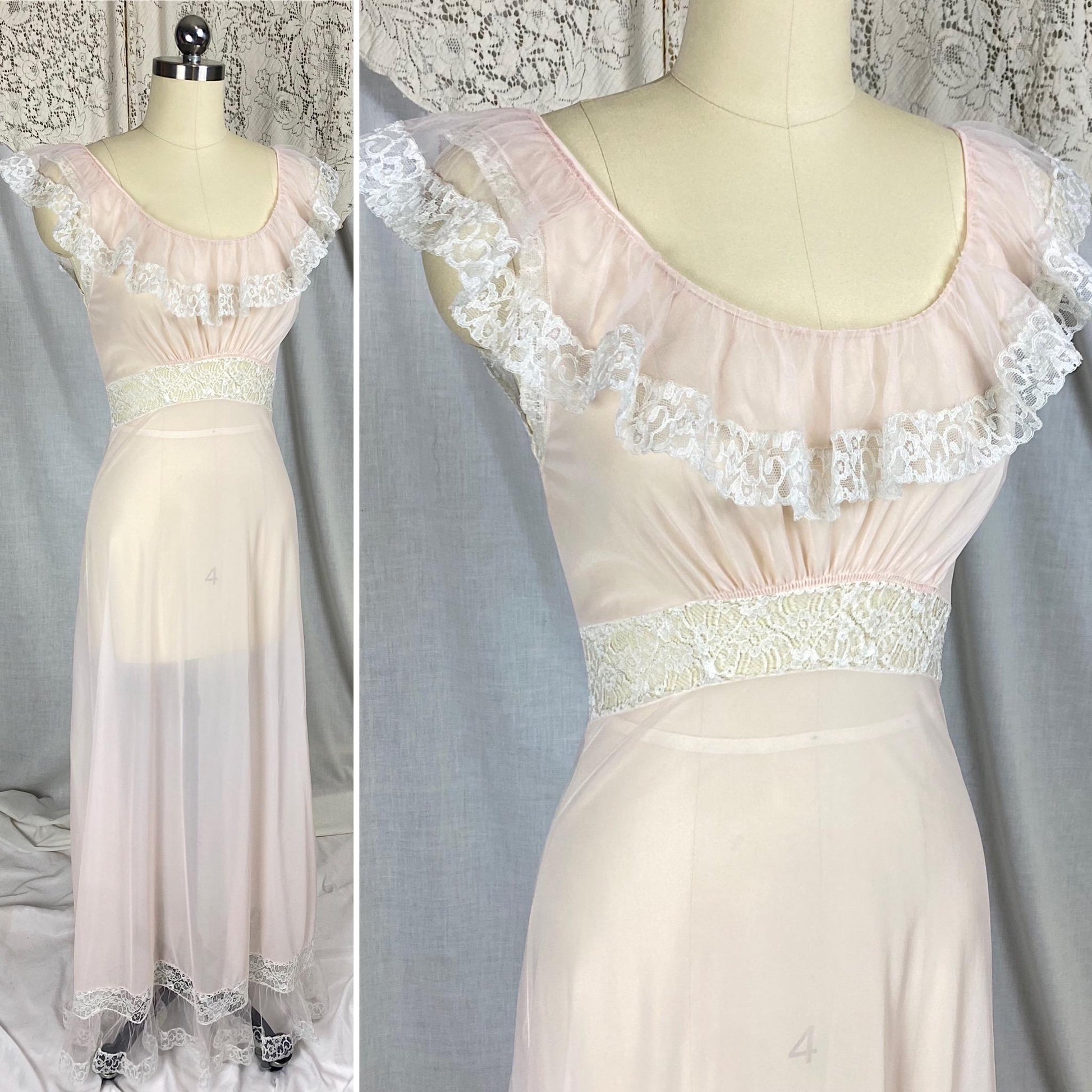 Vintage 1950's Nightgown | Semi-Sheer Powder Pink Nylon with White Ruffled Tulle | Size XS, S | Lady Duff